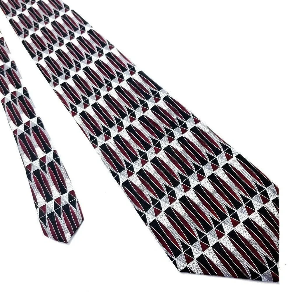 Pierre Cardin Red Gray Silk Tie Woven Short Wide Geometric‎